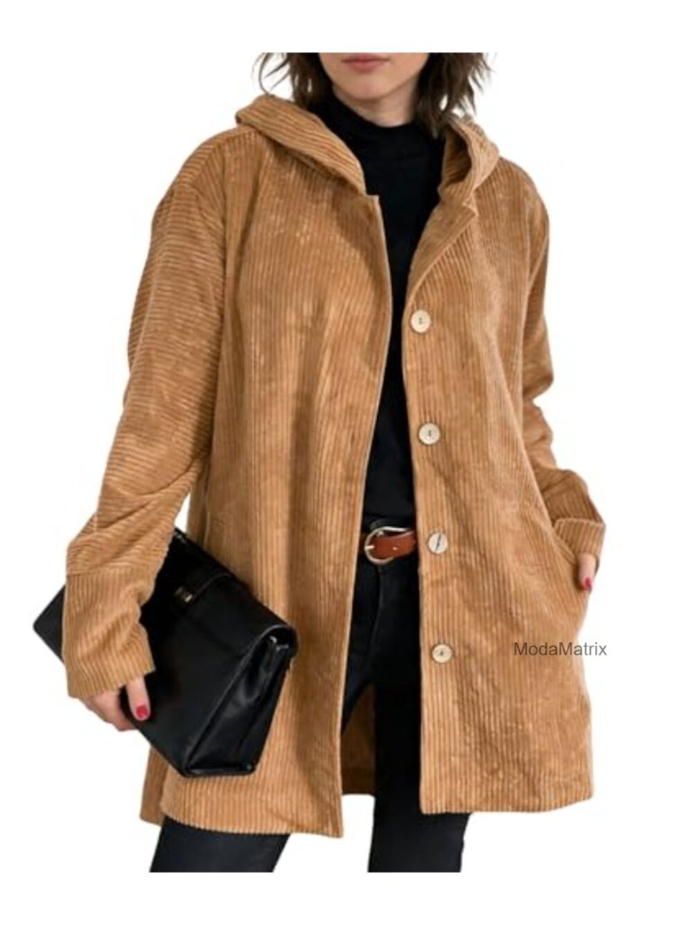 Corduroy Hooded Trench Coat Button Down Loose Fit Casual Jacket Outerwear